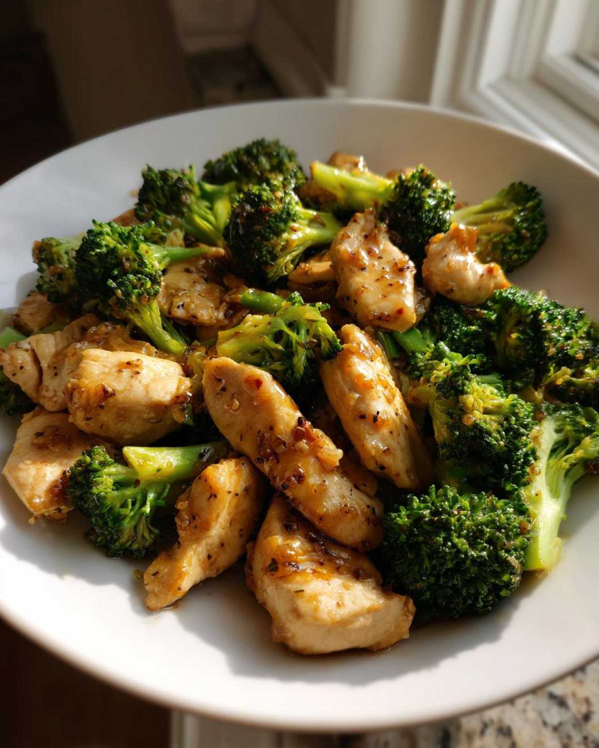 Close-up of tender chicken pieces and bright green broccoli florets coated in a glossy sauce in a white bowl, featuring Garlic Butter Chicken and Broccoli Stir Fry.