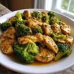 A white bowl filled with juicy pieces of Garlic Butter Chicken and Broccoli Stir Fry coated in a glossy sauce.