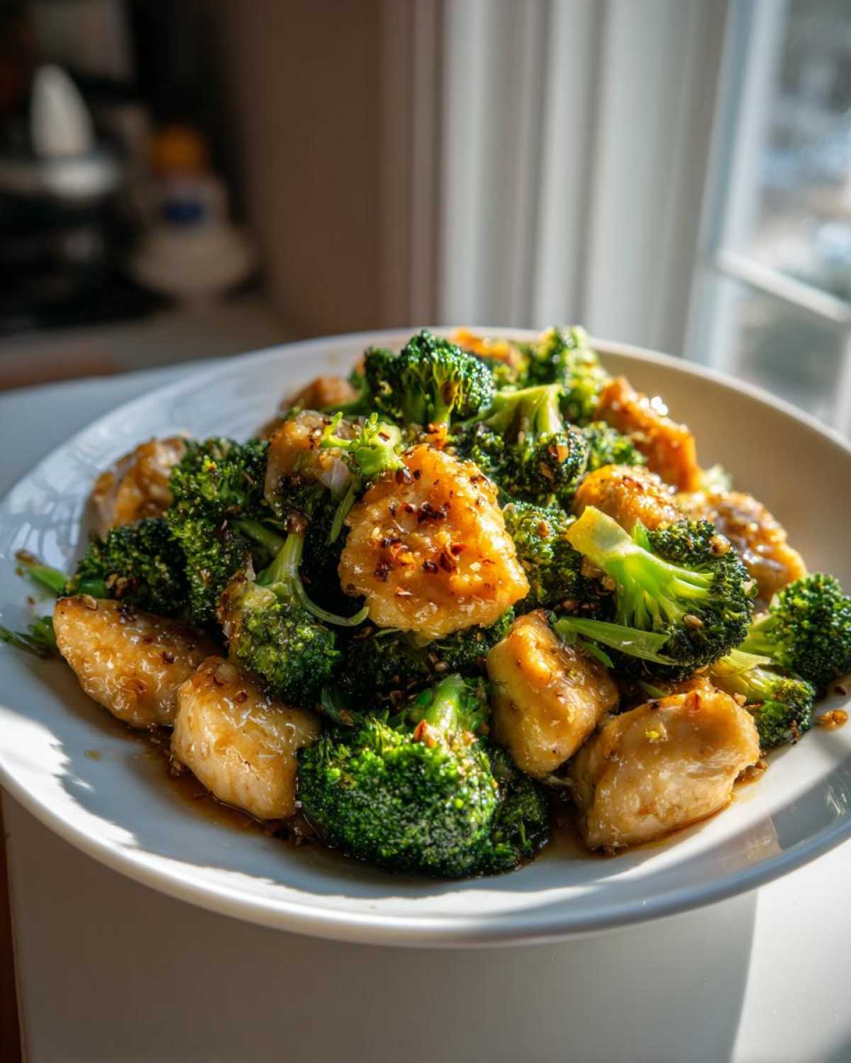 A close-up of tender pieces of chicken coated in garlic butter sauce mixed with vibrant green broccoli florets, part of a Garlic Butter Chicken and Broccoli Stir Fry.