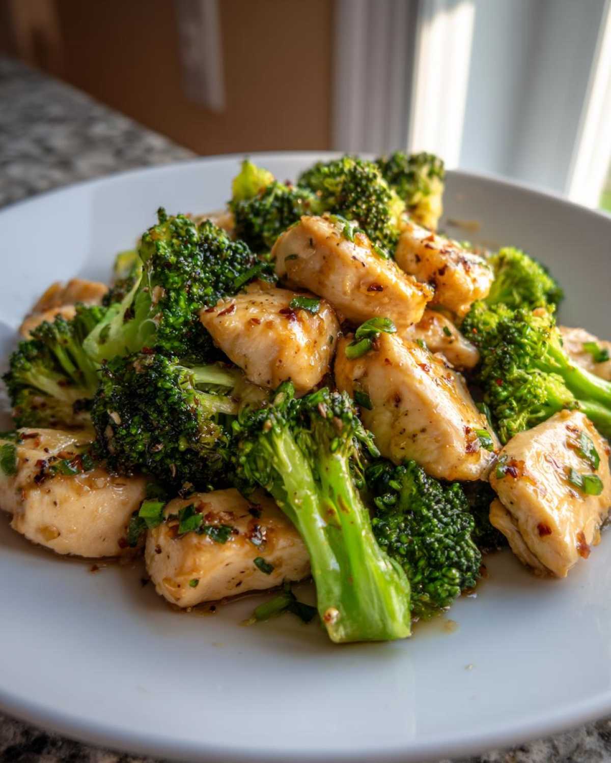 Close-up of tender chicken pieces mixed with bright green broccoli florets in a Garlic Butter Chicken and Broccoli Stir Fry.