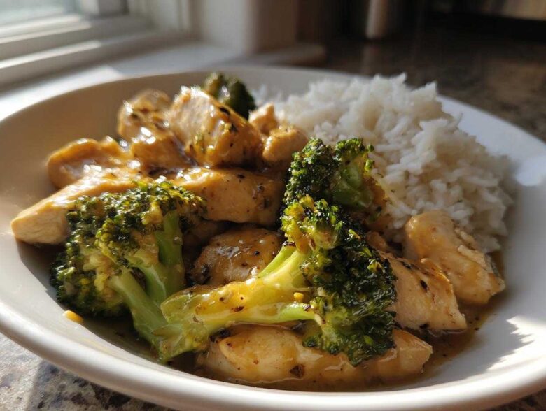 A white bowl filled with Garlic Butter Chicken and Broccoli Stir Fry served next to a mound of white rice.