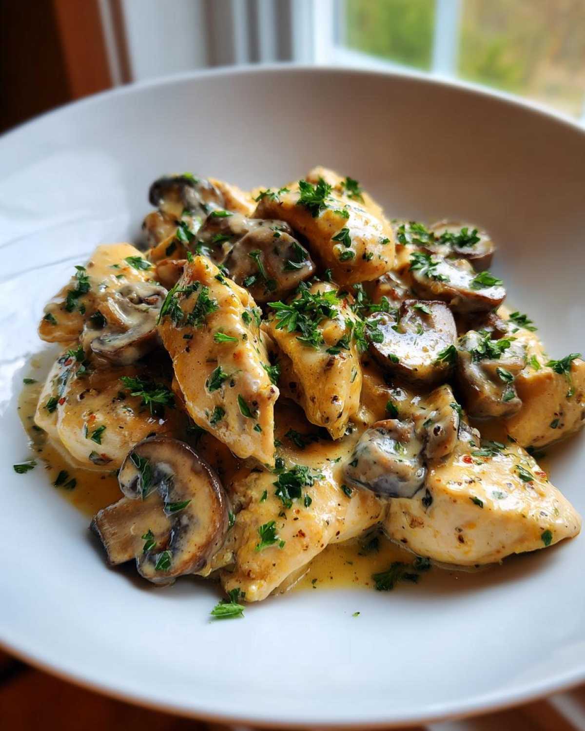Close-up of tender chicken pieces and sliced mushrooms coated in a creamy garlic butter sauce, garnished with fresh parsley, part of the Garlic Butter Chicken and Mushroom Skillet Dinner.