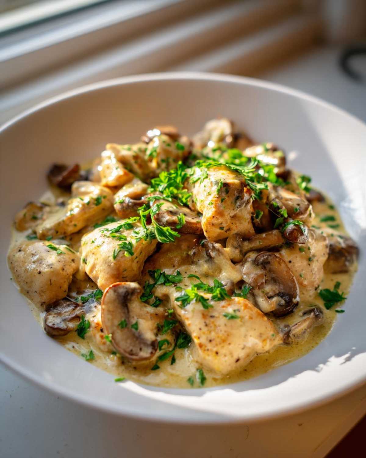 Close-up of Garlic Butter Chicken and Mushroom Skillet Dinner pieces coated in creamy sauce and topped with parsley.