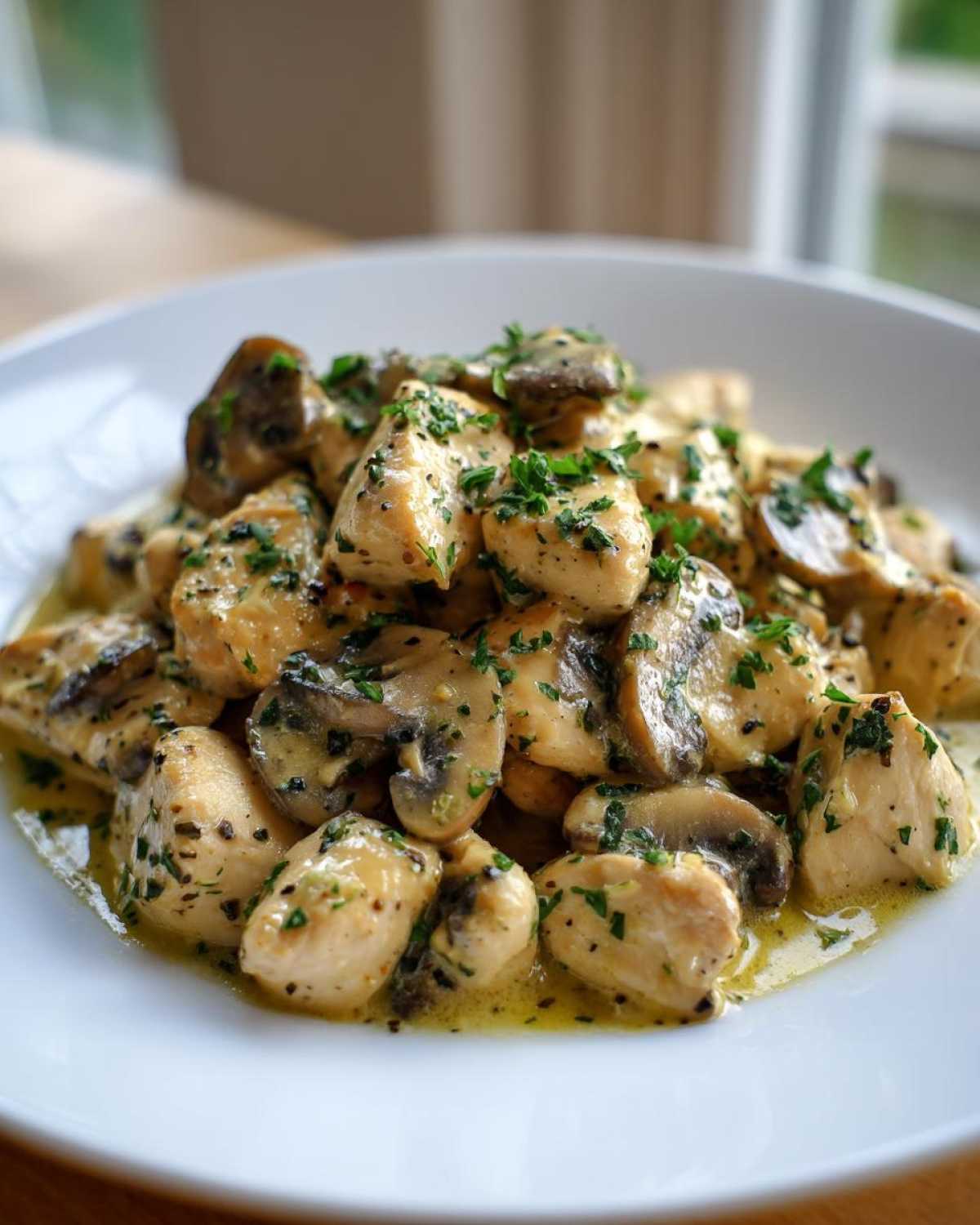 Close-up of tender chicken pieces and sliced mushrooms coated in a rich garlic butter sauce, garnished with fresh parsley.