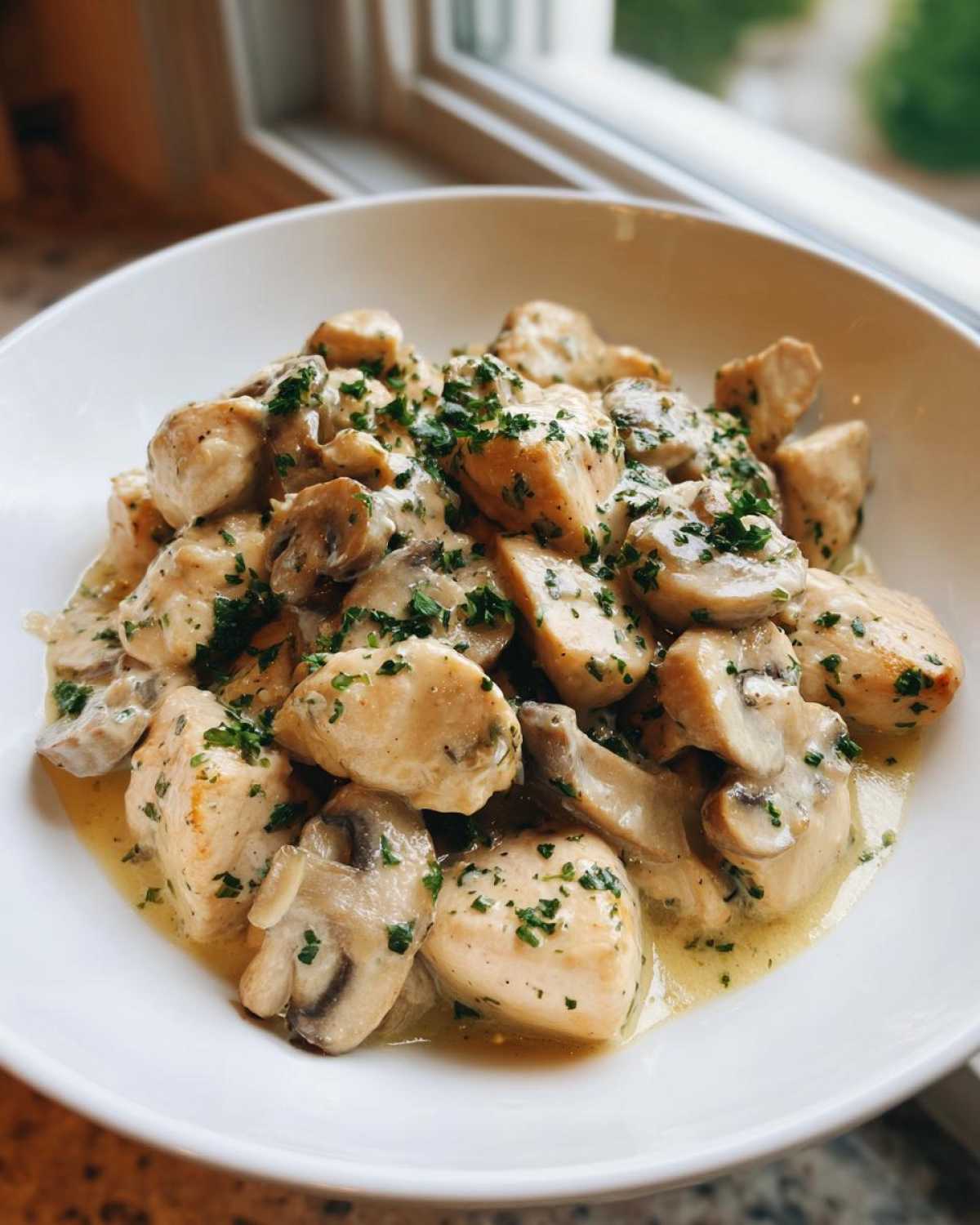 Close-up of tender chicken pieces and sliced mushrooms coated in a creamy garlic butter sauce, garnished with parsley, part of the Garlic Butter Chicken and Mushroom Skillet Dinner.