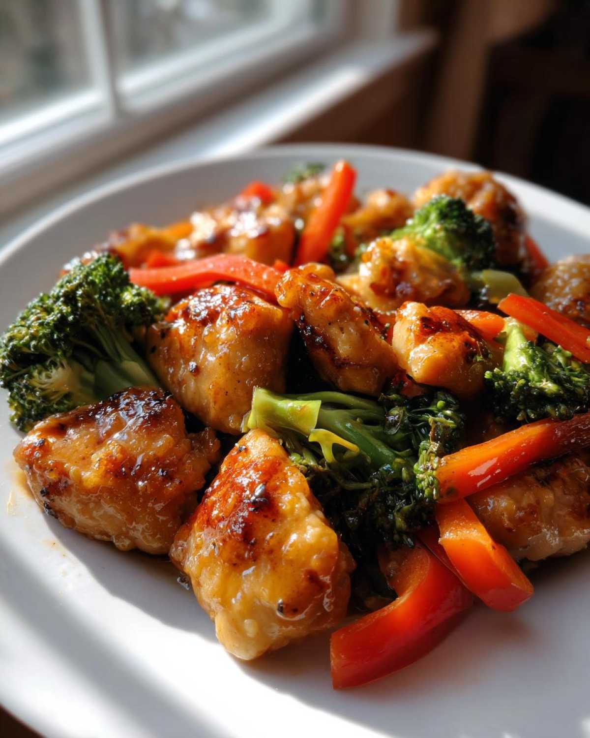 Close-up of glossy Garlic Butter Chicken Bites mixed with bright green broccoli florets and red bell pepper strips.