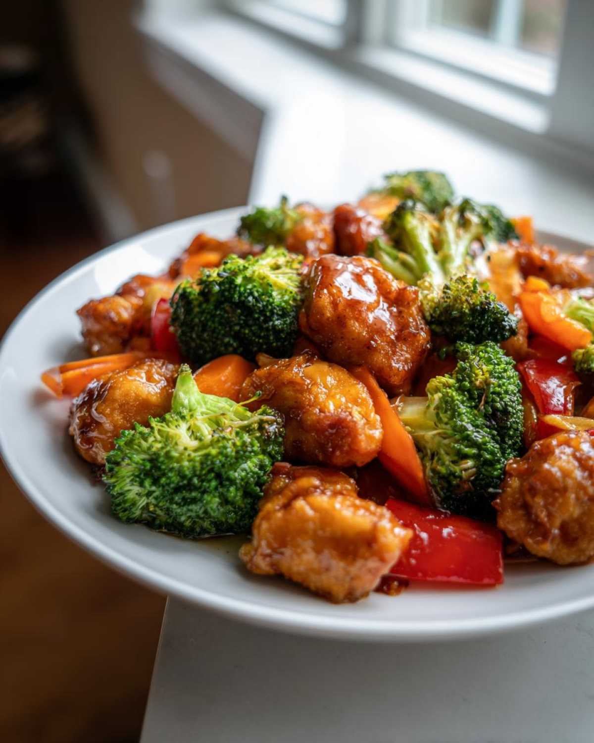 Close-up of golden Garlic Butter Chicken Bites mixed with vibrant broccoli florets and red peppers on a white plate.