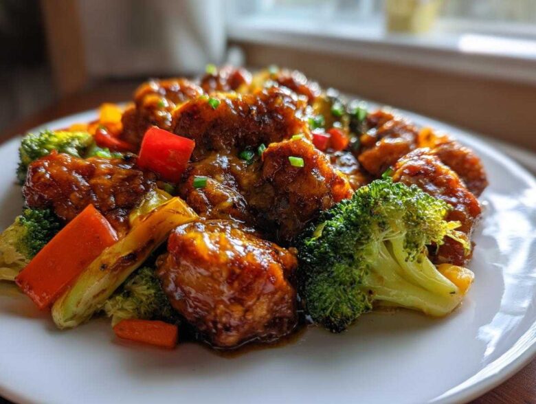 Close-up of glossy Garlic Butter Chicken Bites mixed with vibrant broccoli, red peppers, and carrots on a white plate.