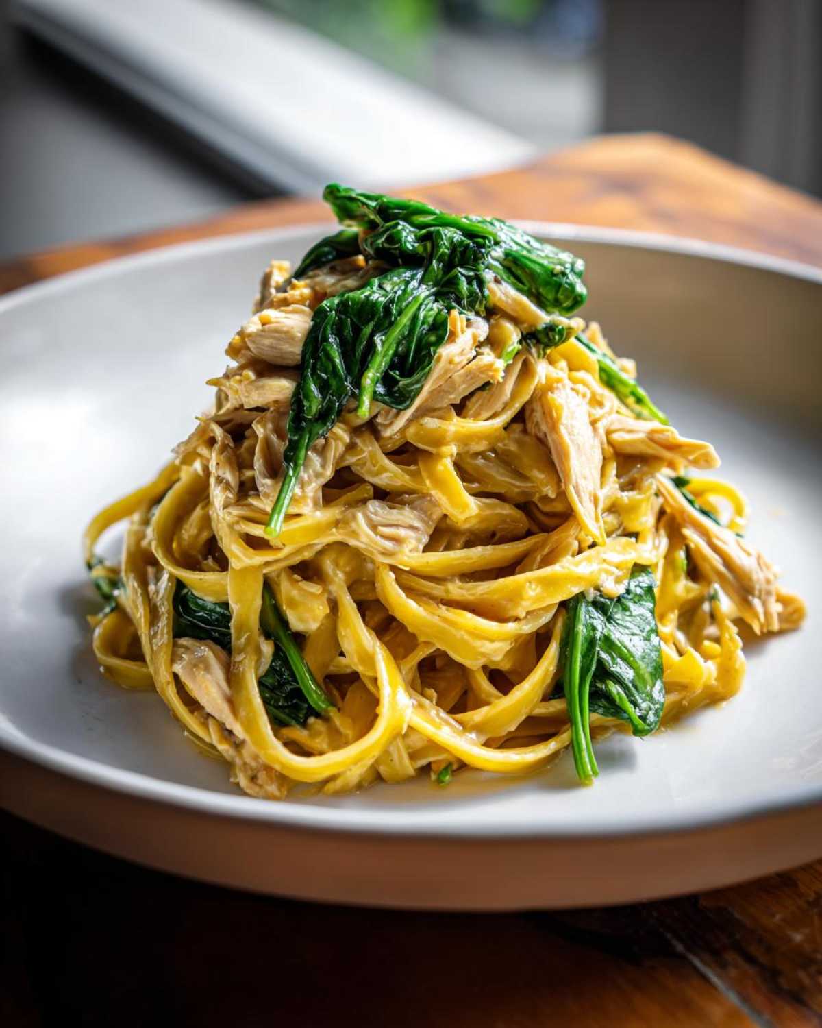 A close-up of creamy Garlic Butter Pasta with Chicken and Spinach served on a white plate.