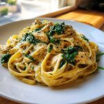A close-up of creamy fettuccine pasta tossed with chunks of chicken, wilted spinach, and Parmesan cheese, ready to eat.