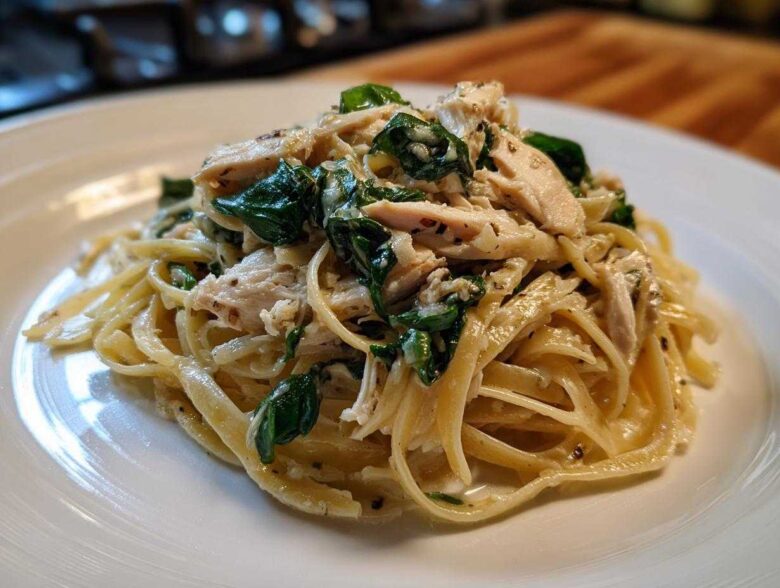 A close-up of a serving of Garlic Butter Pasta with Chicken and Spinach on a white plate.