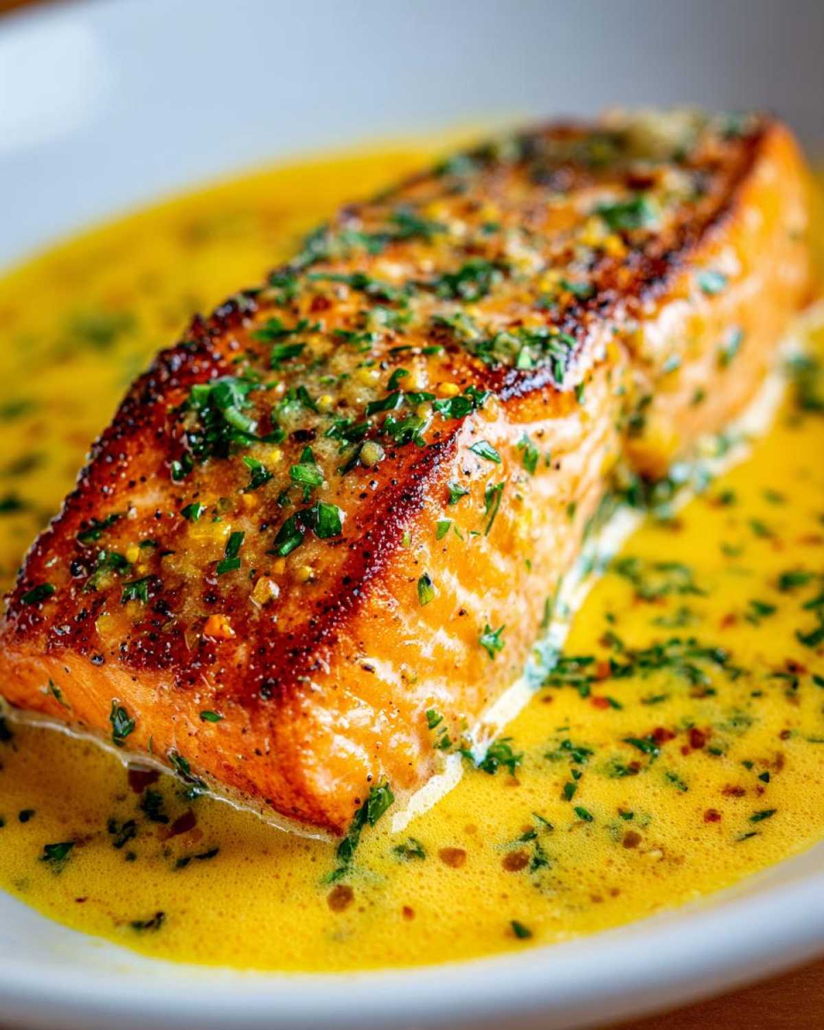 Close-up of a perfectly seared fillet of Garlic Butter Salmon resting in a rich, yellow creamy lemon sauce.
