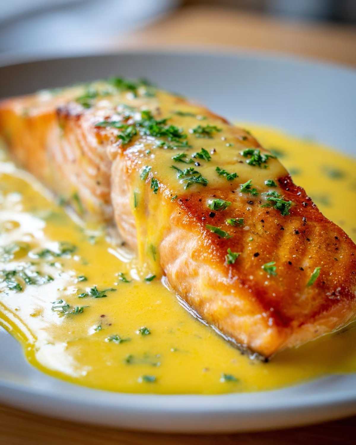 Close-up of perfectly cooked Garlic Butter Salmon with Creamy Lemon Sauce, topped with fresh parsley.