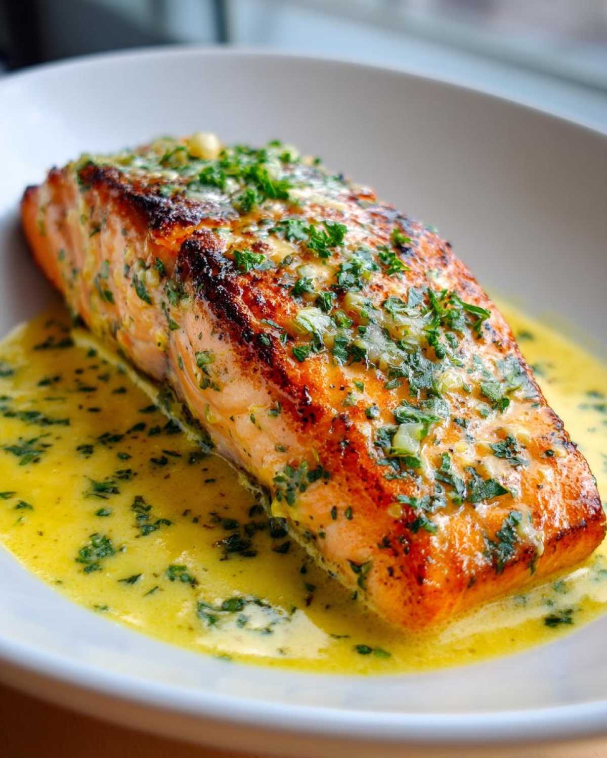Close-up of a perfectly cooked fillet of Garlic Butter Salmon with Creamy Lemon Sauce, topped with herbs.