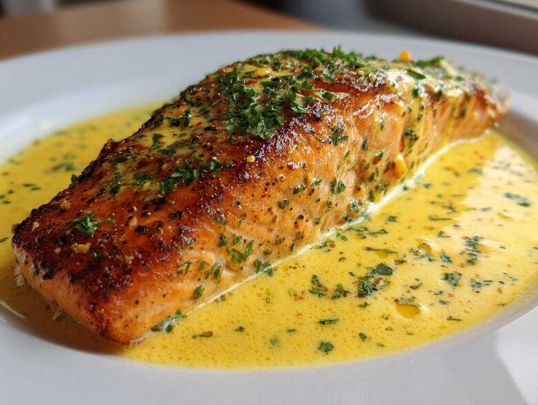 Close-up of perfectly cooked Garlic Butter Salmon topped with herbs, sitting in a rich, creamy lemon sauce.