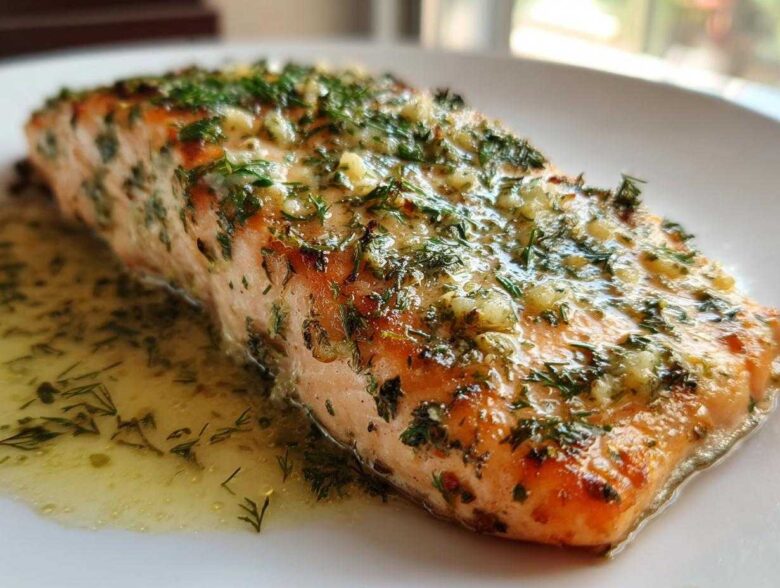 Close-up of a perfectly cooked fillet of Garlic Butter Salmon topped with minced garlic and fresh dill.