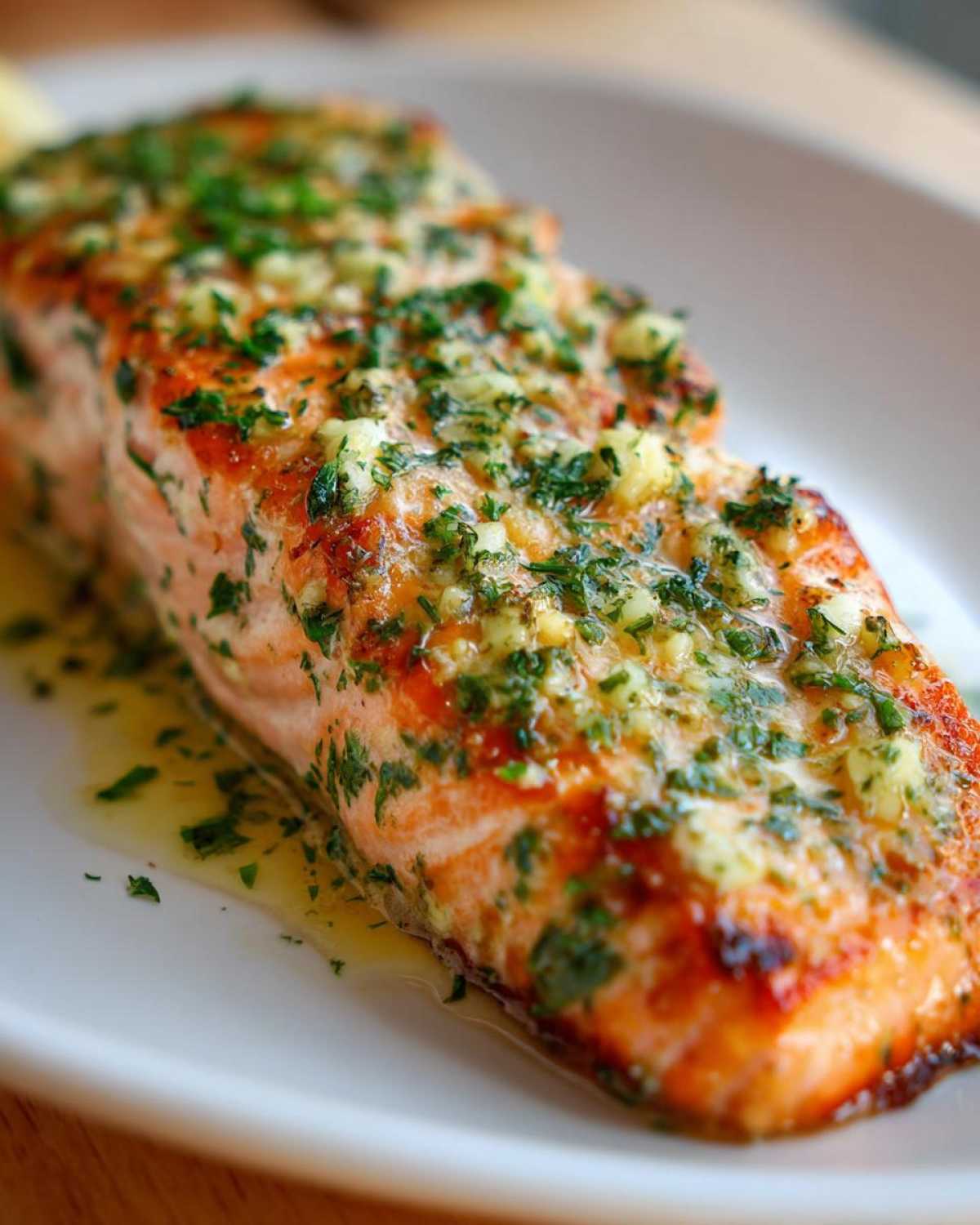 Close-up of a perfectly cooked fillet of Garlic Butter Salmon with Lemon Herb Sauce topping.