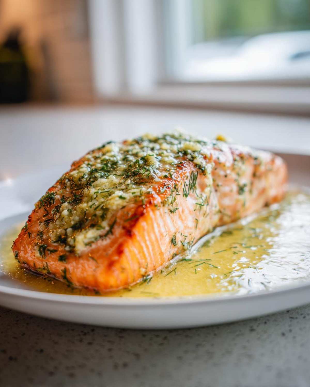 A close-up of a perfectly cooked Garlic Butter Salmon with Lemon Garlic Sauce pooling around it on a white plate.