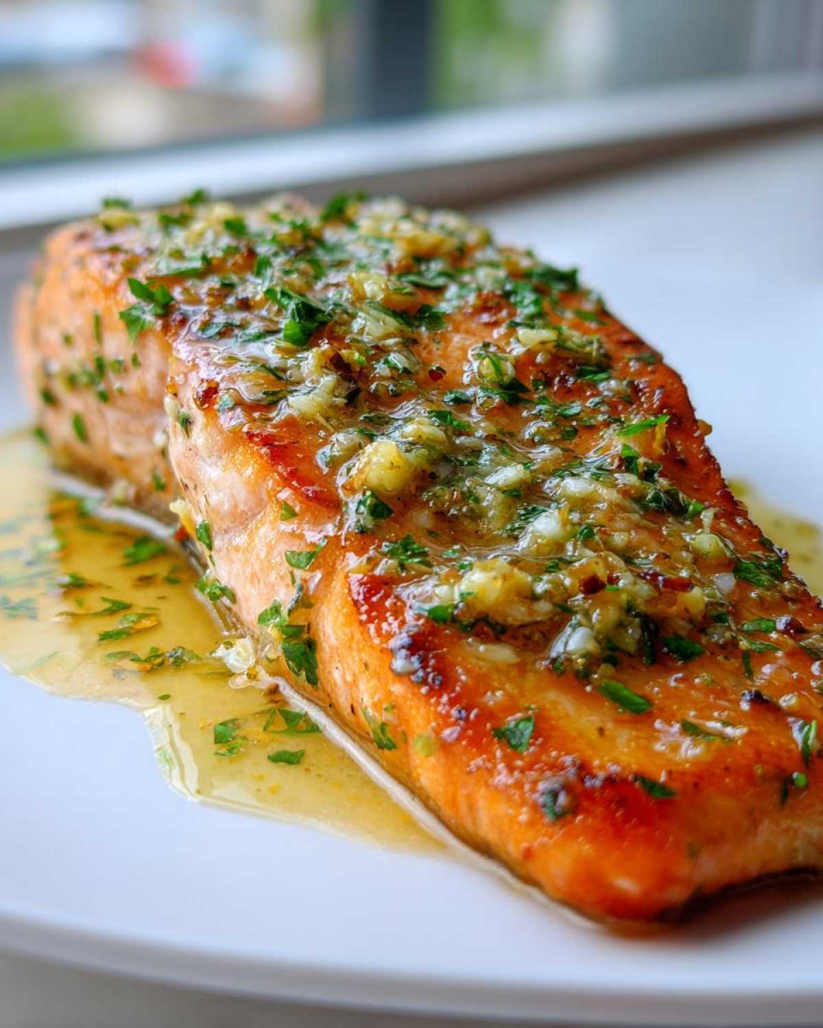 Close-up of a perfectly cooked fillet of Garlic Butter Salmon with Lemon Garlic Sauce, topped with herbs.