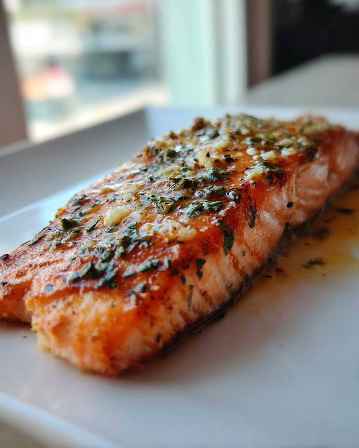 Close-up of a perfectly cooked Garlic Butter Salmon with Lemon Garlic Sauce, glistening with butter and herbs.