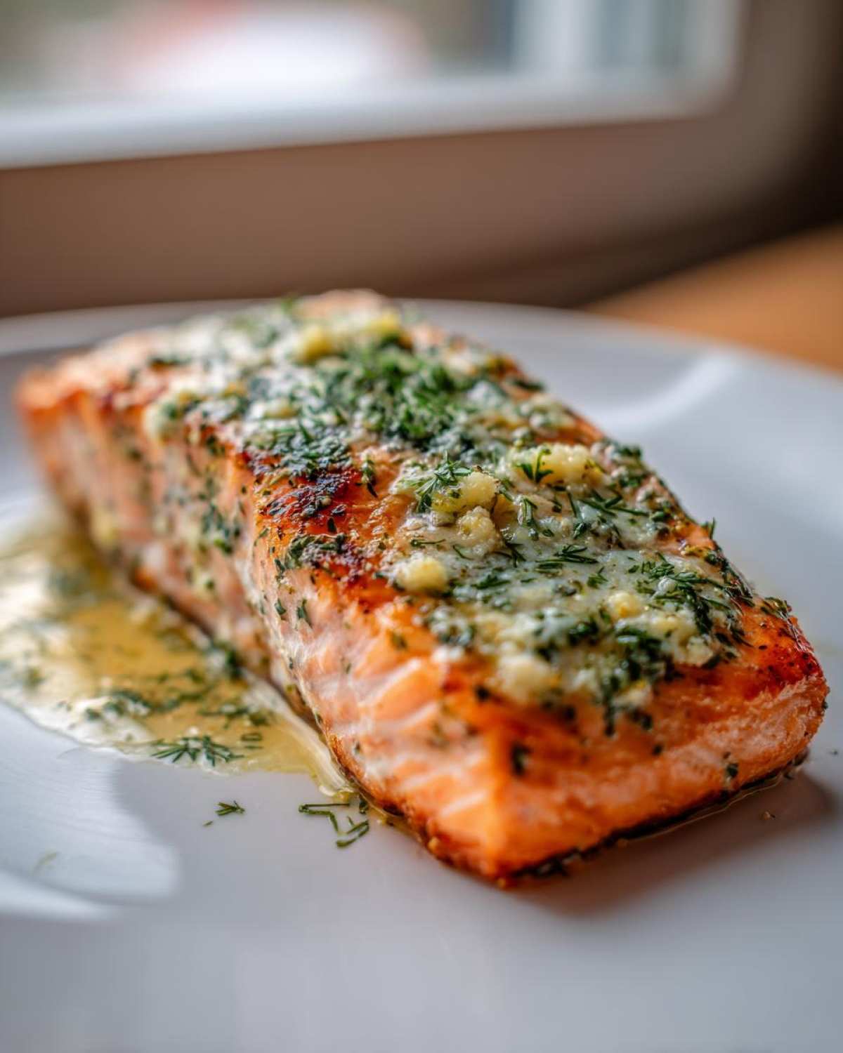 Close-up of a perfectly cooked fillet of Garlic Butter Salmon with Lemon Garlic Sauce, topped with herbs.