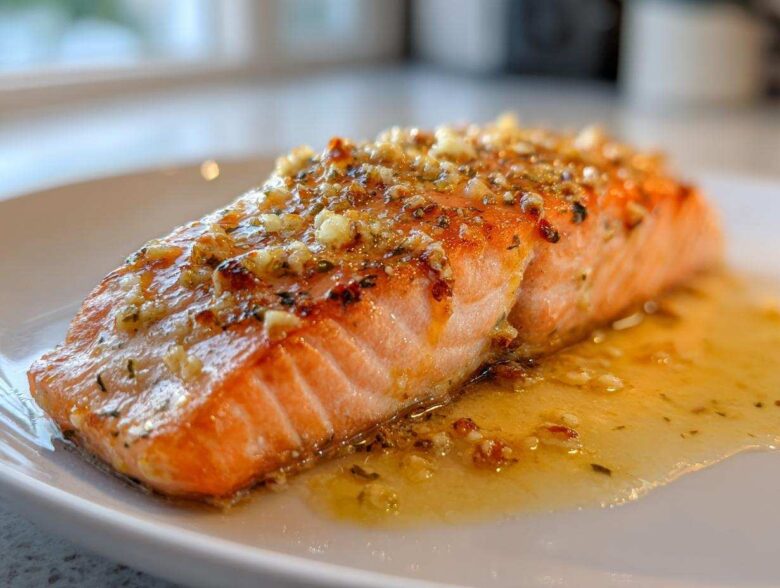 Close-up of a perfectly cooked fillet of Garlic Butter Salmon with Lemon Garlic Sauce pooled around it.