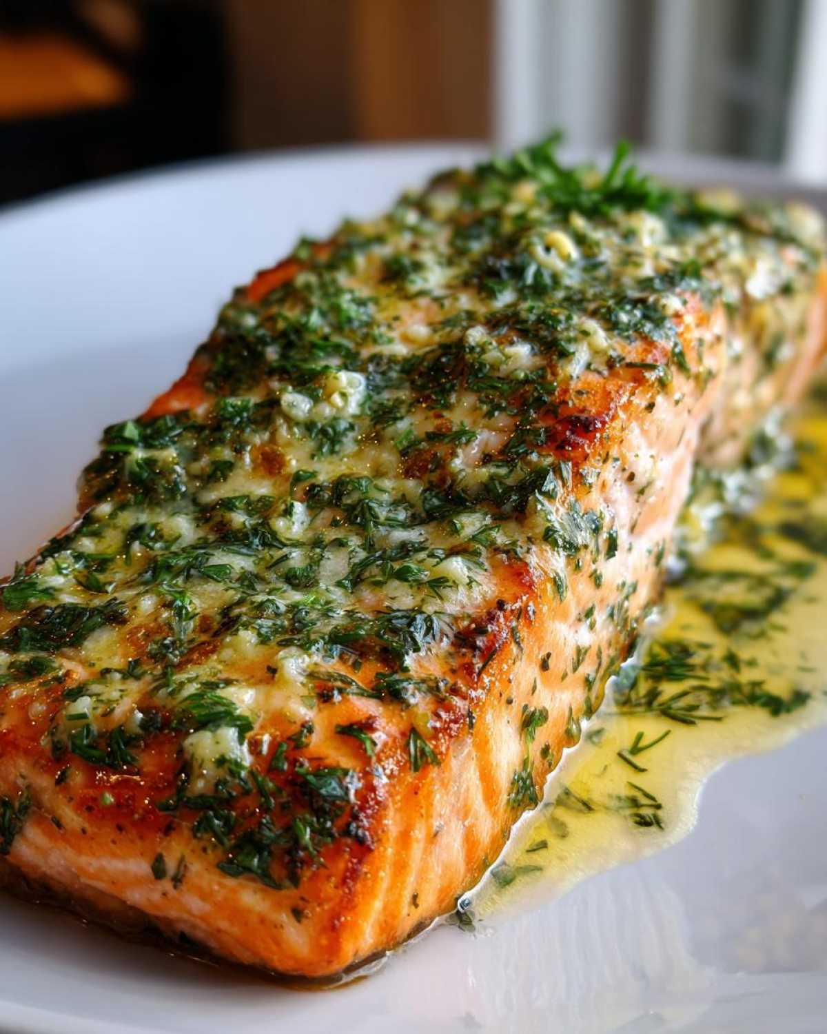 Close-up of a perfectly cooked fillet of Garlic Butter Salmon with Lemon Herb Sauce drizzled over it.