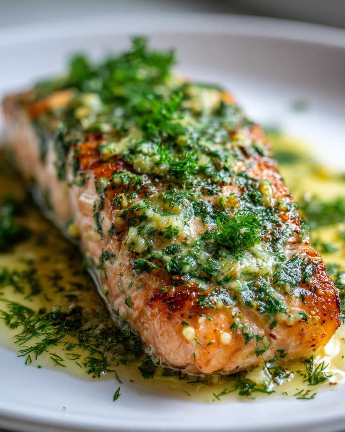 Close-up of a perfectly cooked fillet of Garlic Butter Salmon topped with a bright green lemon herb sauce.