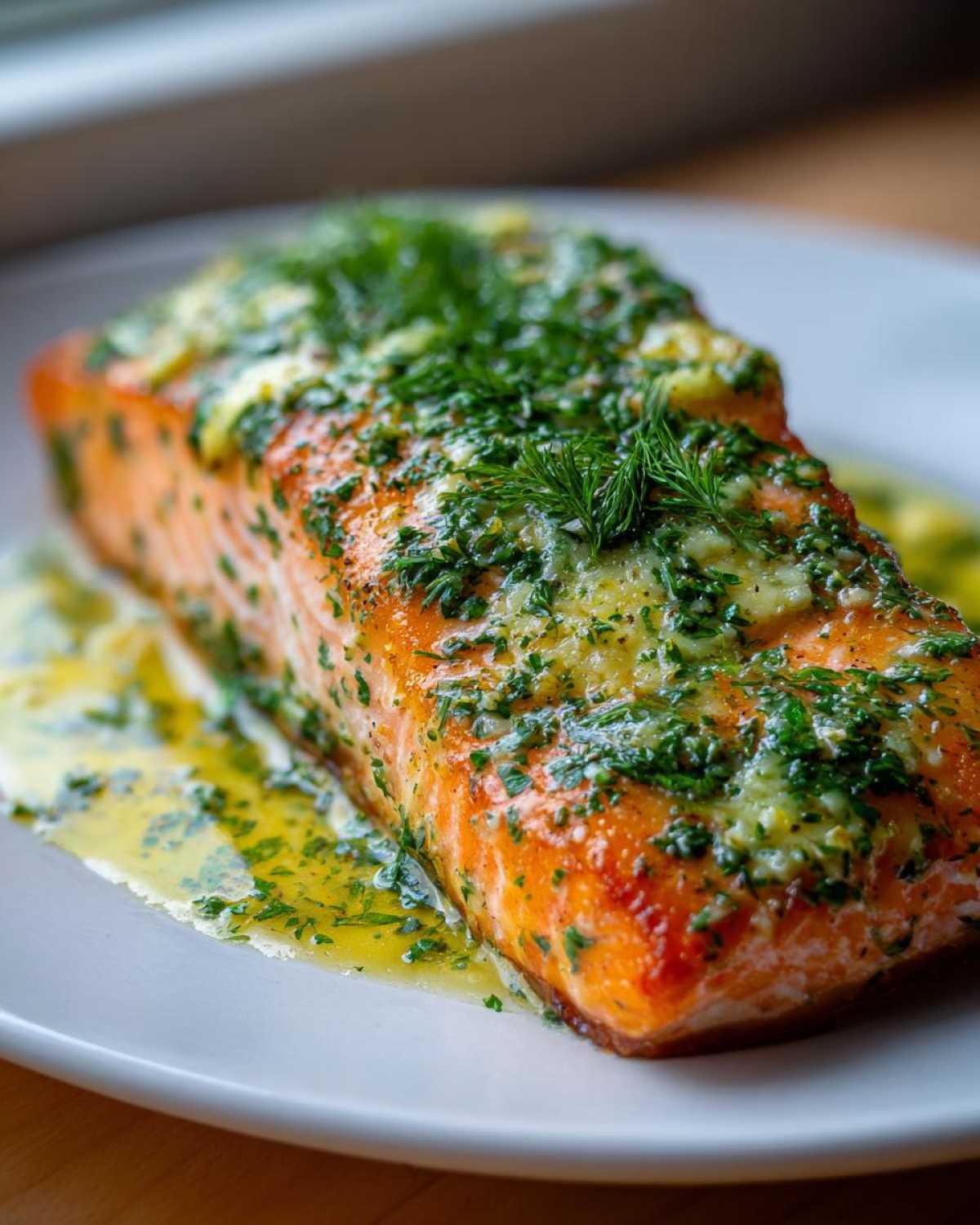 Close-up of a perfectly cooked fillet of Garlic Butter Salmon with Lemon Herb Sauce, topped with melted butter and fresh dill.