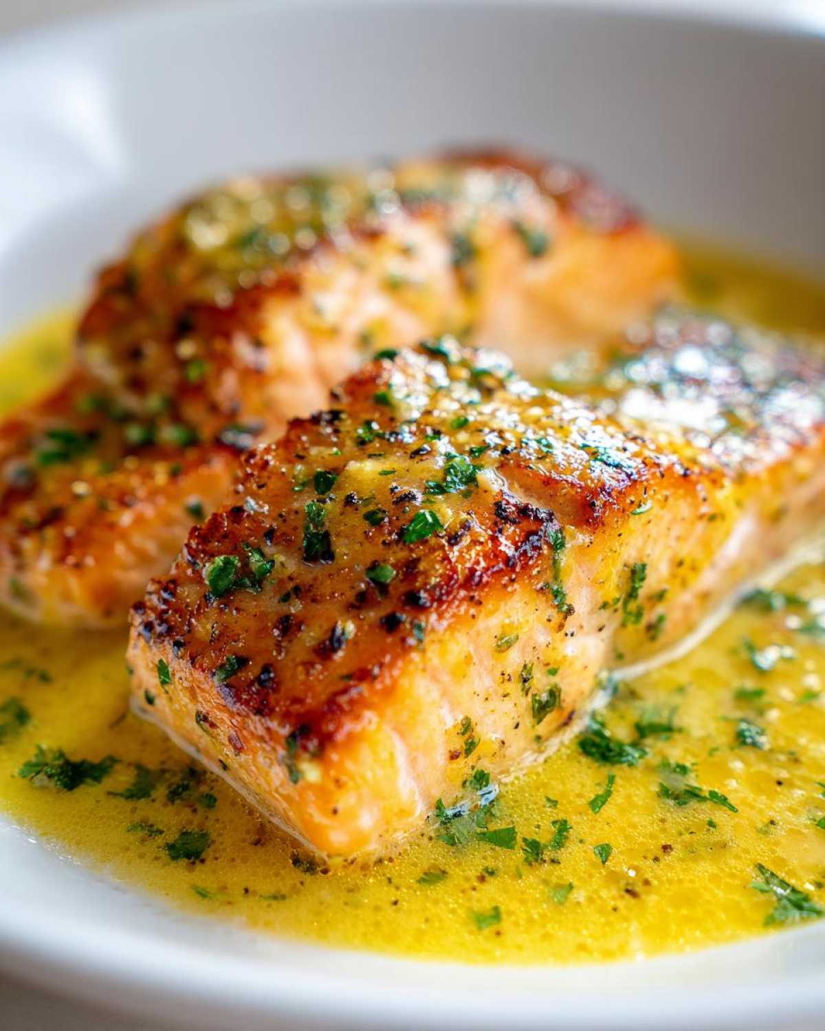 Close-up of perfectly seared Garlic Butter Salmon with Creamy Lemon Sauce, garnished with fresh parsley.