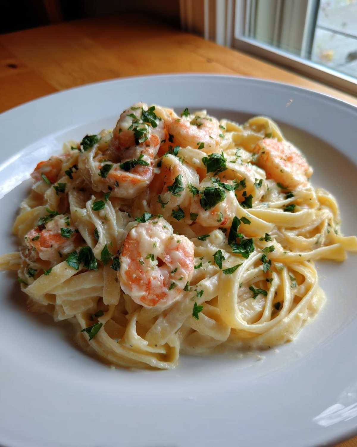 Close-up of rich Garlic Butter Shrimp Alfredo Pasta with fettuccine noodles and fresh parsley garnish.