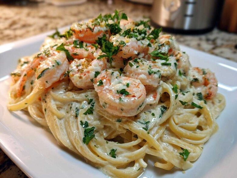 Close-up of creamy Garlic Butter Shrimp Pasta topped generously with cooked shrimp and fresh parsley.