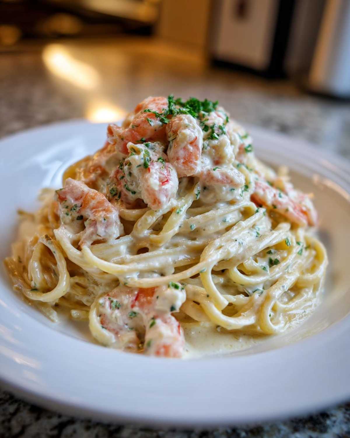 A close-up of a white plate piled high with Garlic Butter Shrimp Pasta with Cream Sauce, topped with fresh parsley.