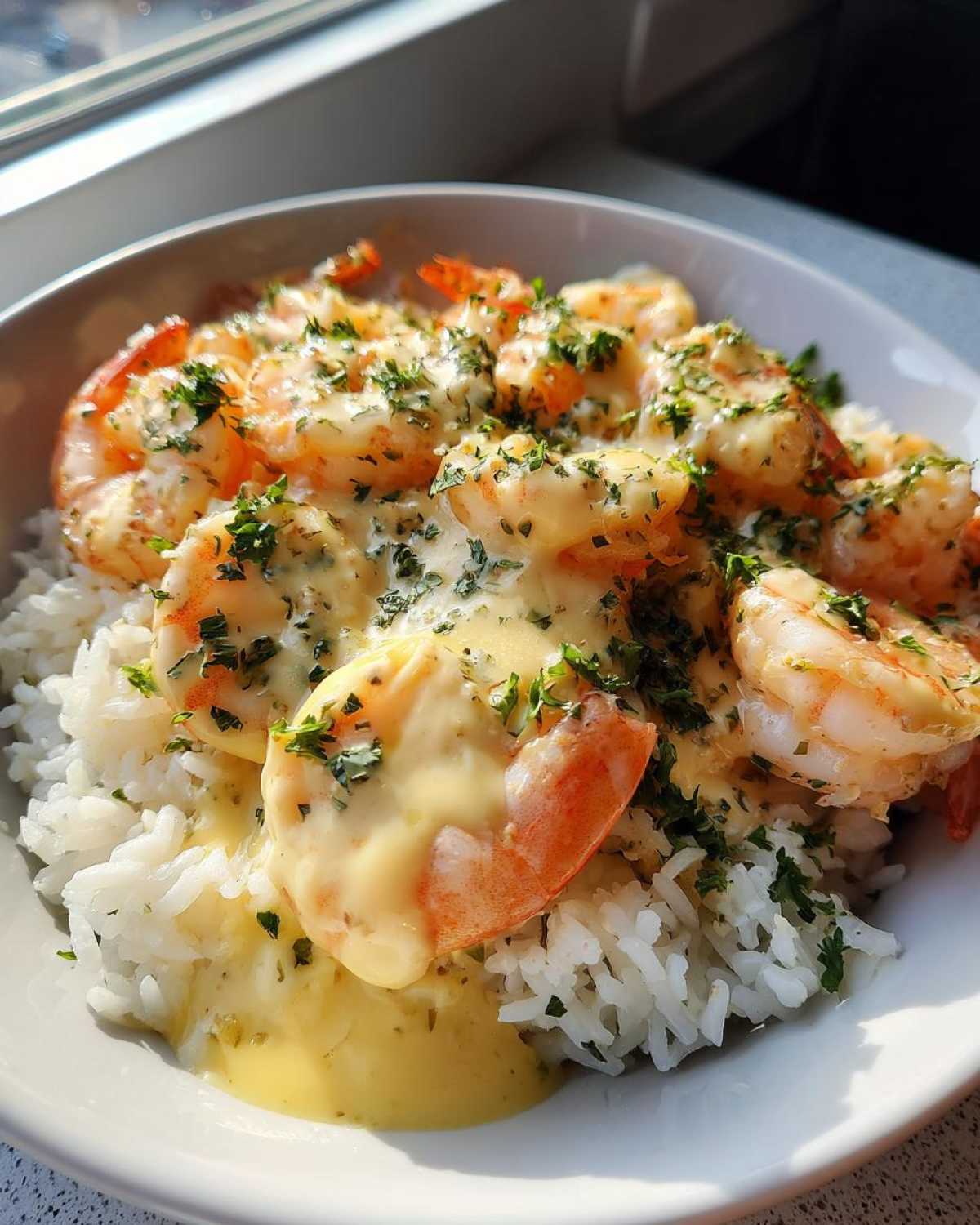 Close-up of a Garlic Butter Shrimp Rice Bowl topped with rich garlic sauce and fresh parsley.