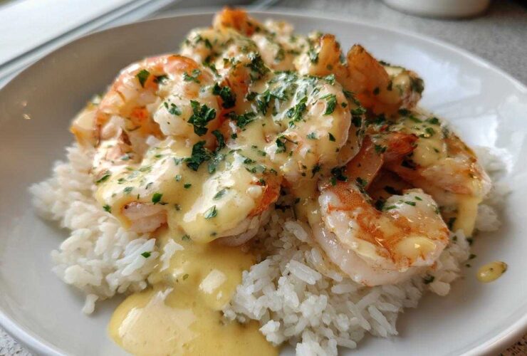 Close-up of a Garlic Butter Shrimp Rice Bowl featuring plump shrimp covered in a creamy garlic sauce and parsley over white rice.