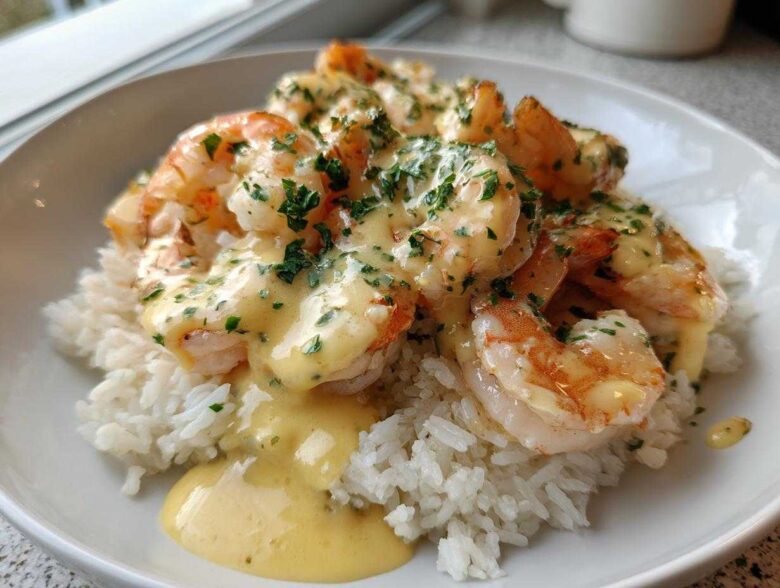 Close-up of a Garlic Butter Shrimp Rice Bowl featuring plump shrimp covered in a creamy garlic sauce and parsley over white rice.