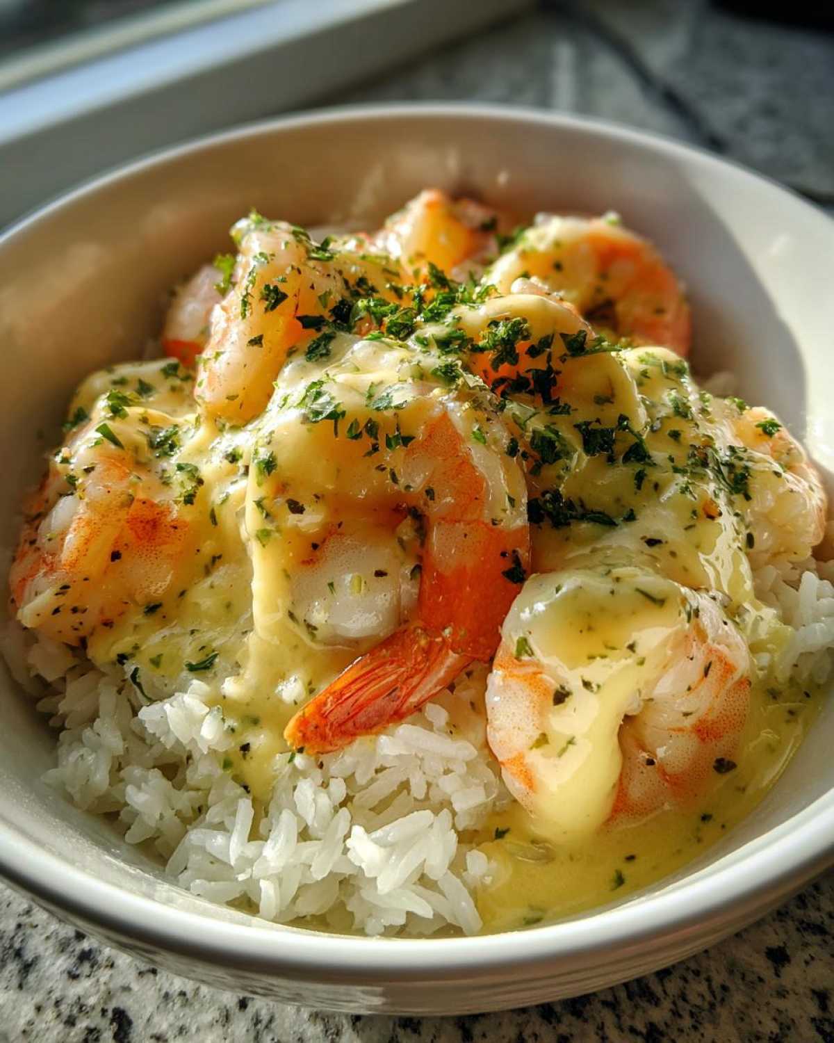 Close-up of a Garlic Butter Shrimp Rice Bowl topped with rich garlic sauce and fresh parsley.