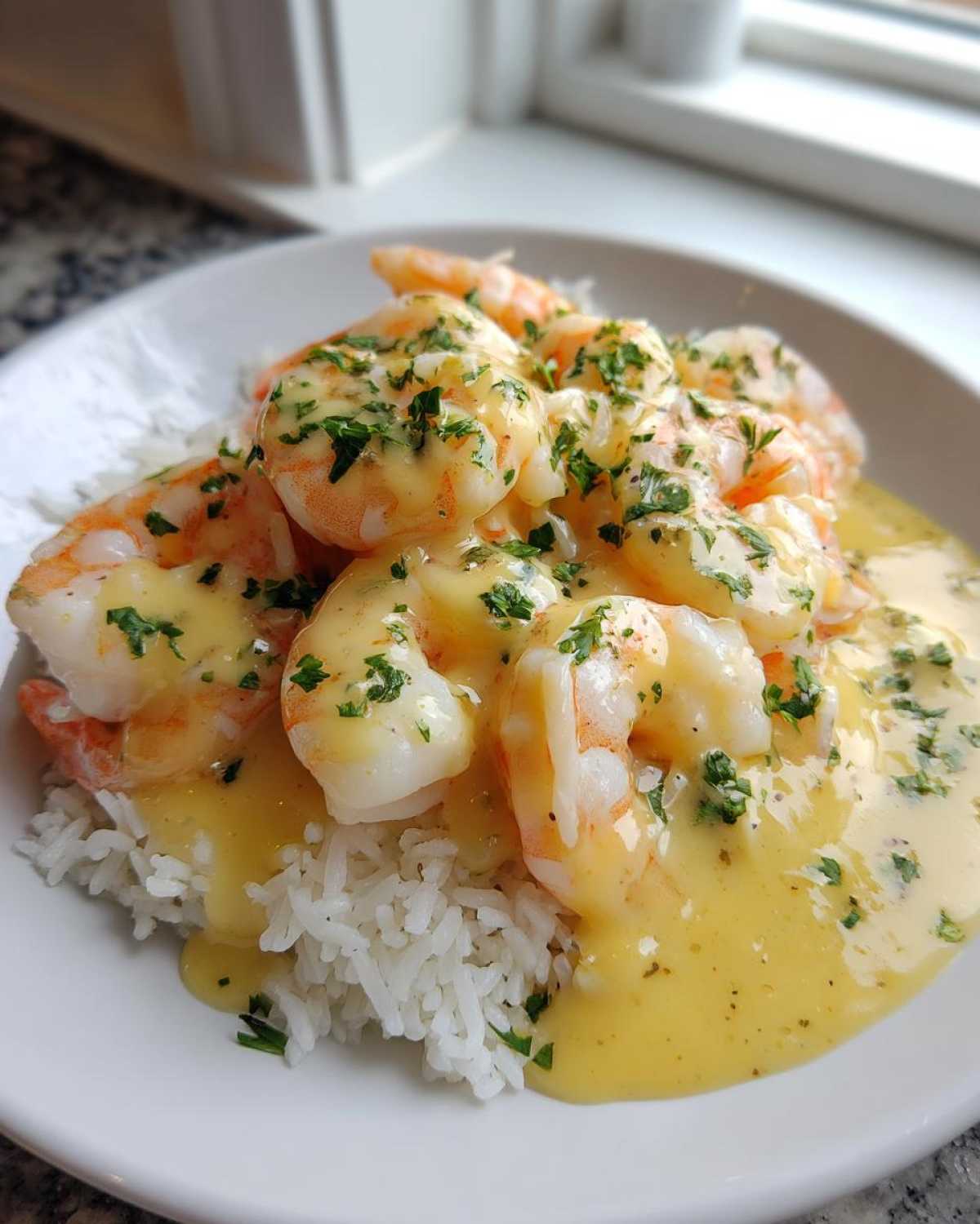 Close-up of a Garlic Butter Shrimp Rice Bowl featuring plump shrimp covered in a rich, yellow garlic sauce and fresh parsley over white rice.