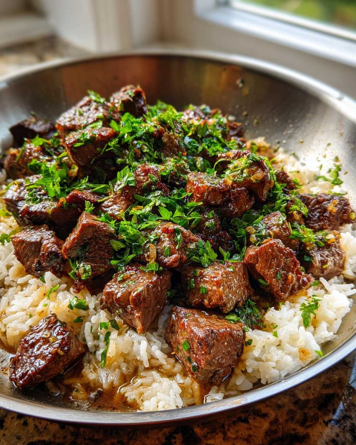 Close-up of juicy Garlic Butter Steak and Rice Skillet Dinner topped with fresh parsley in a metal skillet.