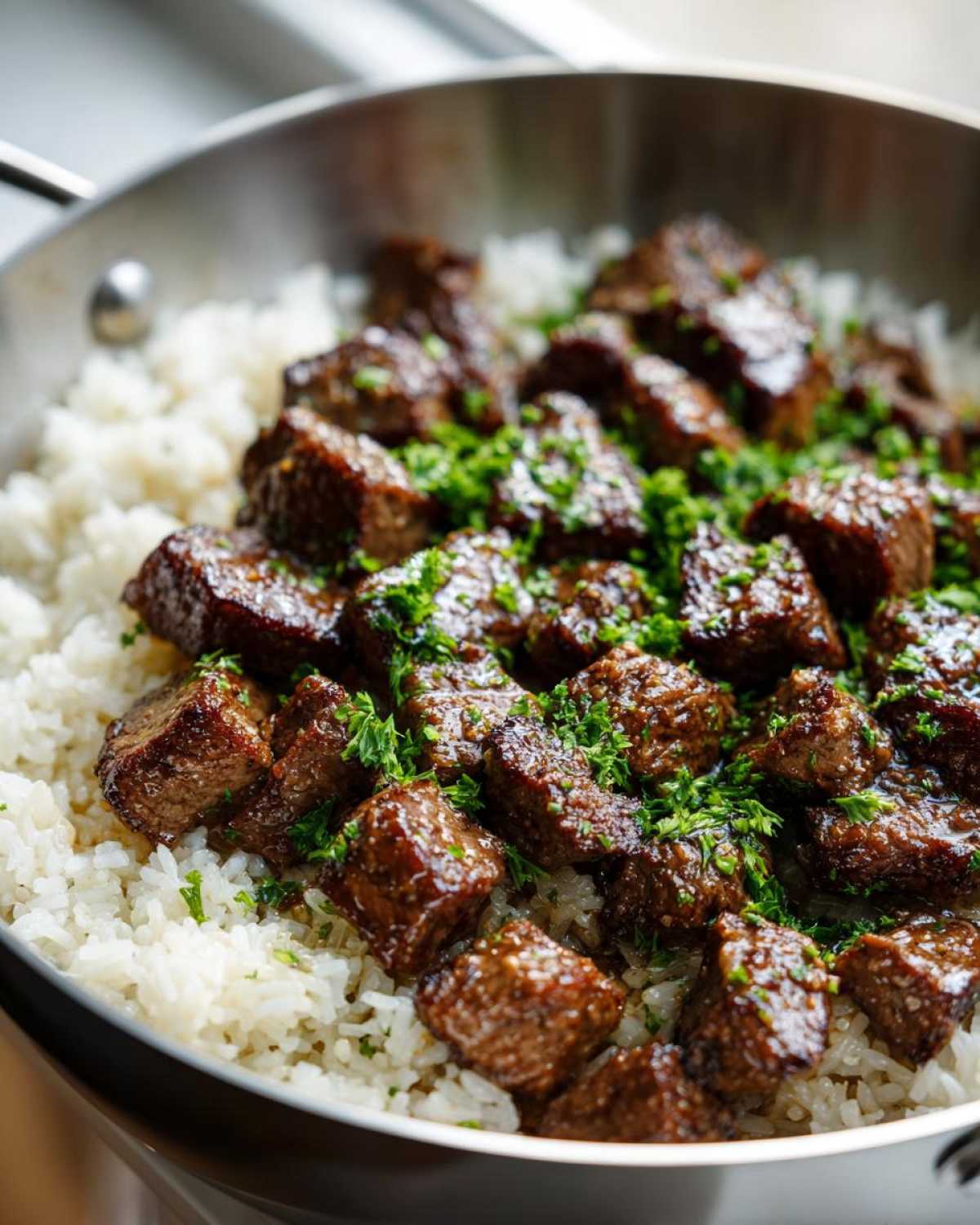 Close-up of juicy steak bites coated in garlic butter sauce served over white rice in a skillet, garnished with parsley for a Garlic Butter Steak and Rice Skillet Dinner.