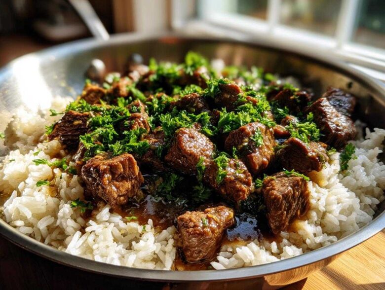 Close-up of Garlic Butter Steak and Rice Skillet Dinner, featuring browned steak cubes over white rice, topped with fresh parsley.