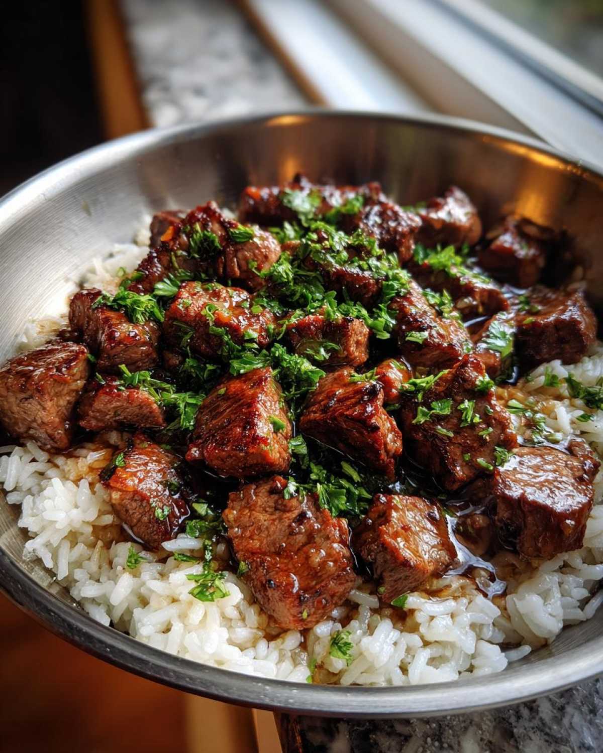Close-up of juicy steak cubes coated in sauce served over white rice, topped with fresh parsley, part of a Garlic Butter Steak and Rice Skillet Dinner.