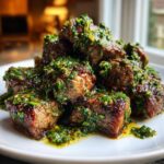 A pile of juicy Garlic Butter Steak Bites generously topped with a vibrant green herb sauce on a white plate.