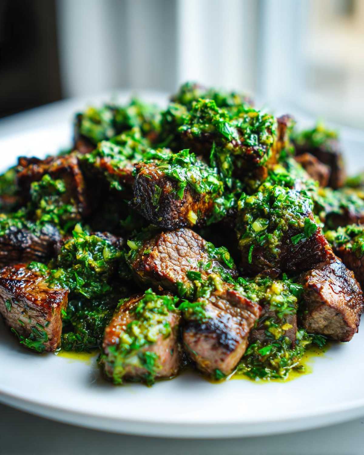 Close-up of perfectly seared Garlic Butter Steak Bites generously topped with a vibrant green herb sauce.