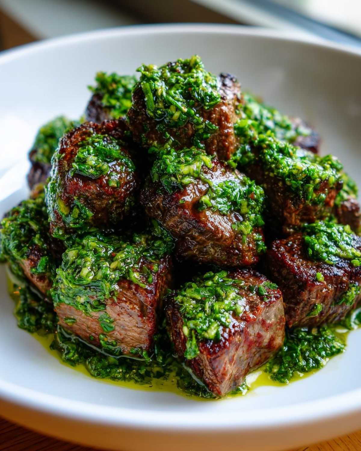 Close-up of juicy Garlic Butter Steak Bites piled high and generously topped with a vibrant green herb sauce.