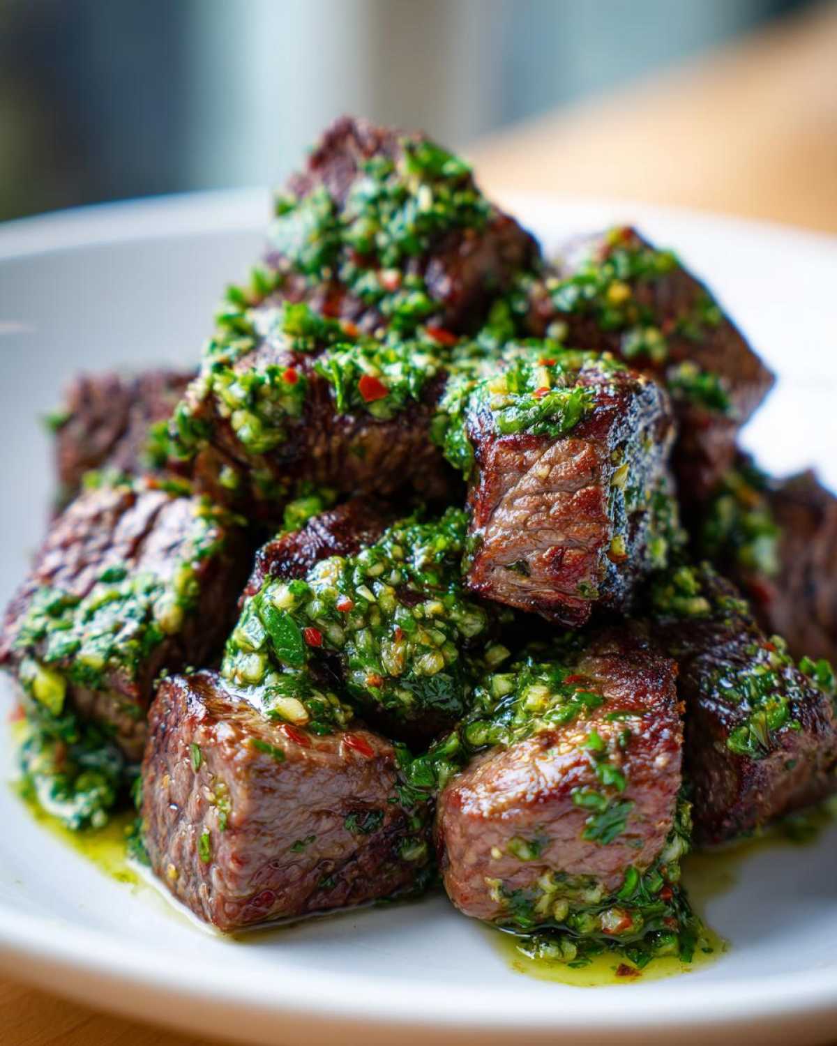 Close-up of perfectly cooked Garlic Butter Steak Bites generously topped with a vibrant green herb sauce.