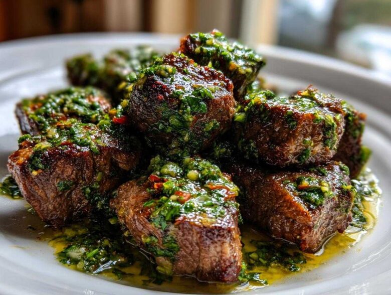 Close-up of seared Garlic Butter Steak Bites generously topped with a vibrant green herb sauce.