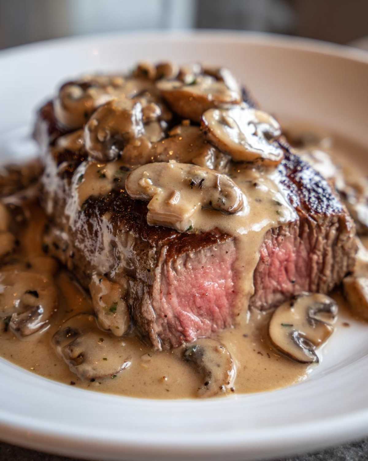 Close-up of a perfectly cooked steak, medium-rare inside, generously topped with creamy mushroom sauce.