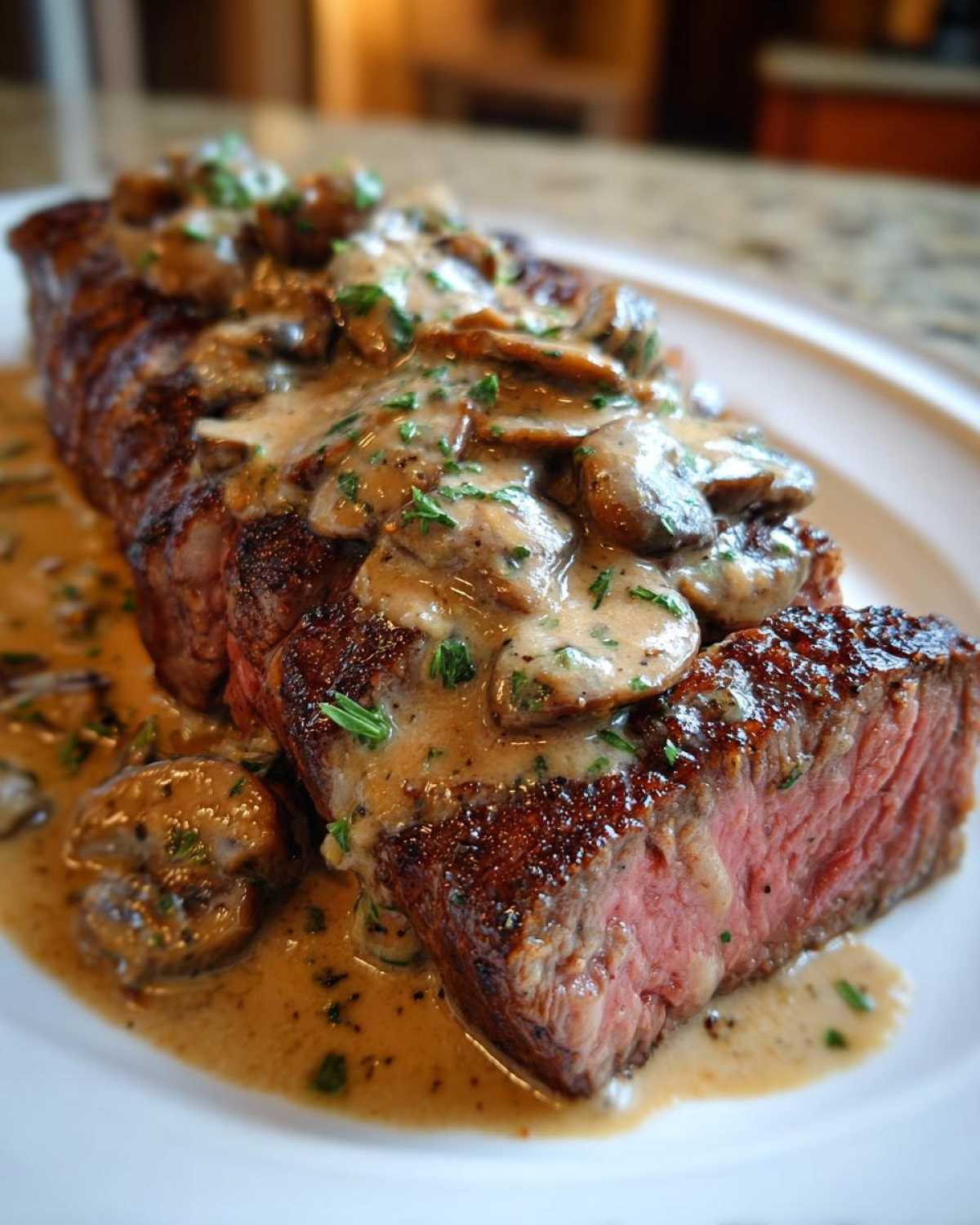 A perfectly cooked steak, sliced to show medium-rare center, smothered in creamy mushroom sauce, part of the Garlic Butter Steak recipe.