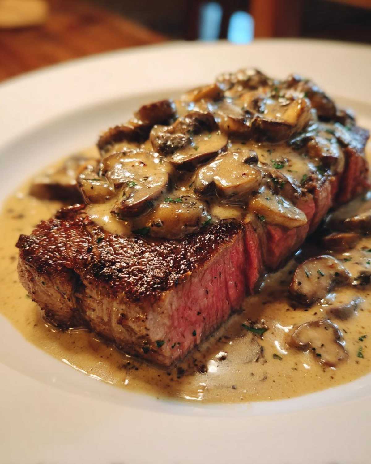 Perfectly cooked steak topped generously with creamy mushroom sauce, featuring a Garlic Butter Steak with Creamy Mushroom Sauce.
